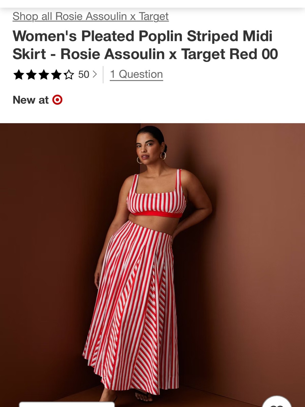 Rosie Assoulin Red and White Striped Pleated Midi Dress